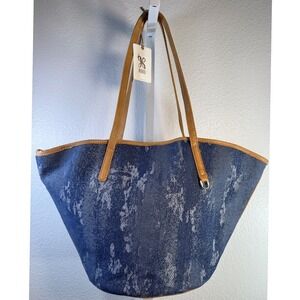 HOBO Denim Canvas Leather Trim Tote Bag Blue Tan‎ Large Shoulder Shopper NWT